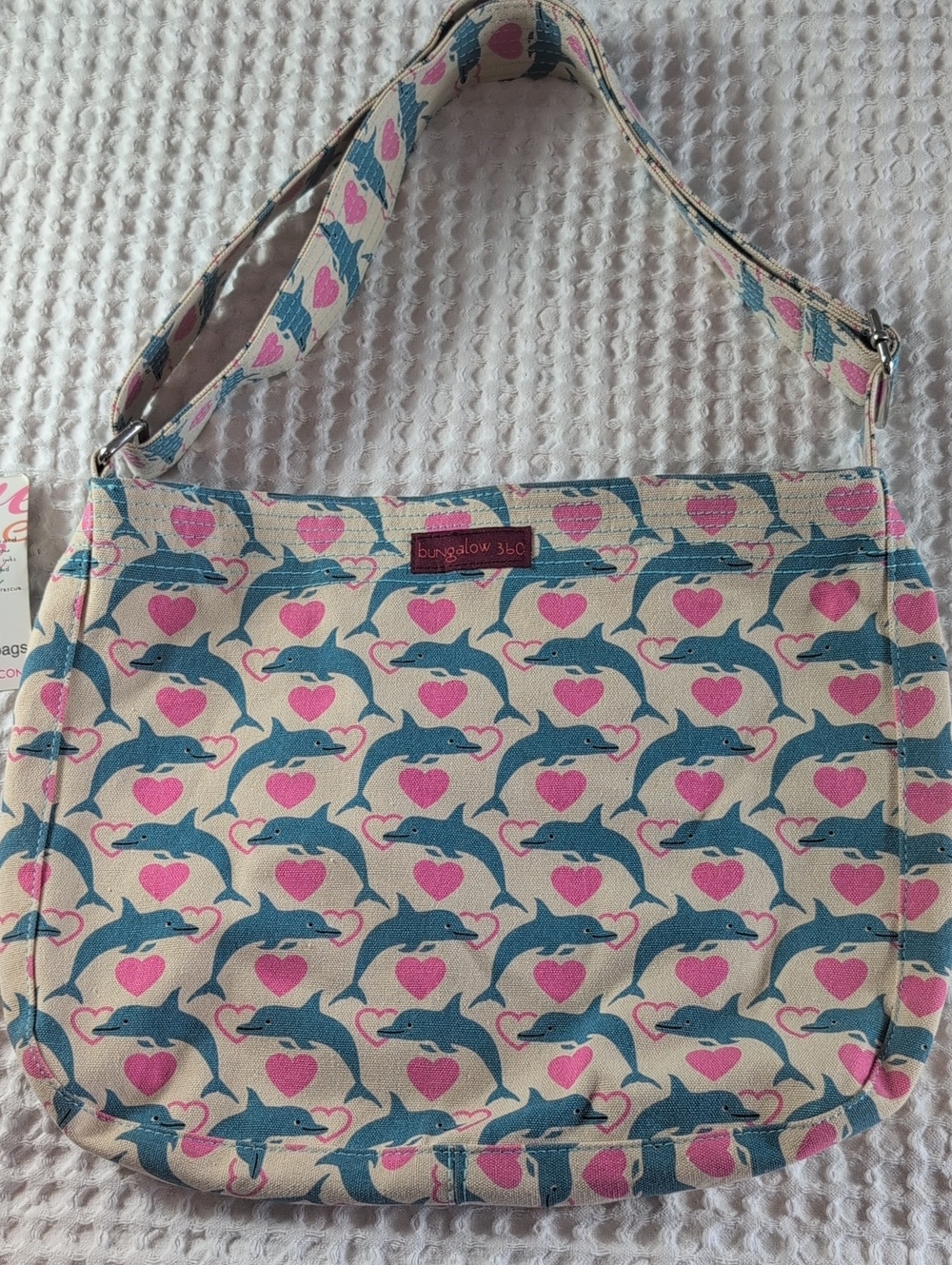 bungalow 360 Blue Dolphin & Pink Heart Canvas Shoulder Bag